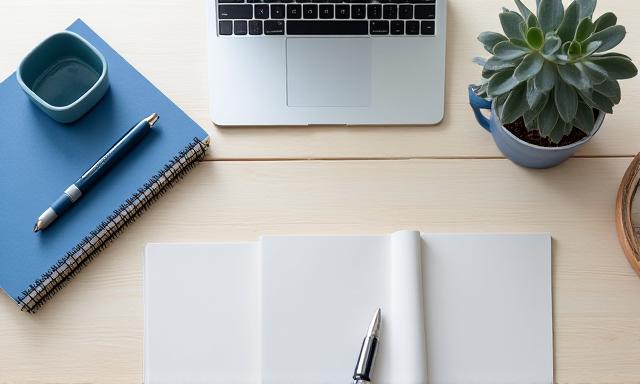 Modern workspace setup with coffee and notebook for legal planning